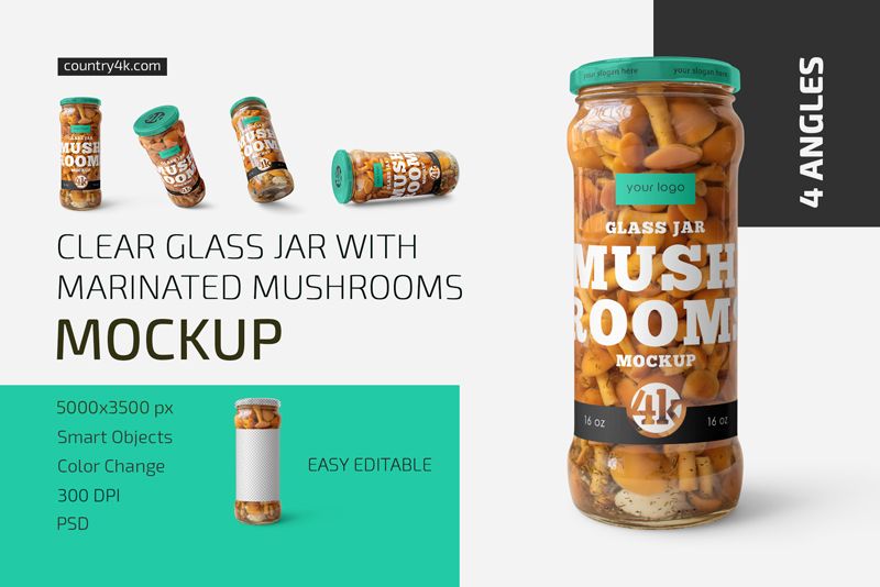 Clear Glass Jar with Marinated Mushrooms Mockup Set 1