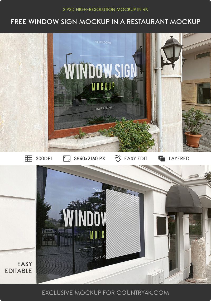2 Free Window Sign in a Restaurant Mockups