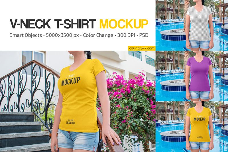 Women's Slim-Fit V-Neck T-Shirt Mockup Set 1