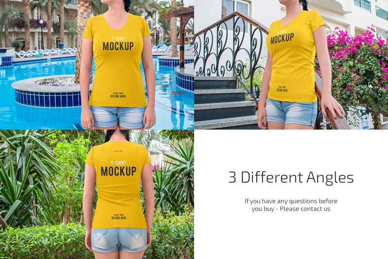 Women's Slim-Fit V-Neck T-Shirt Mockup Set 4