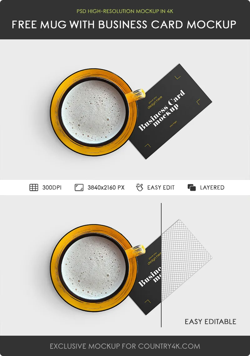 Preview mockup 2 free coffee mug with professional business card mockup