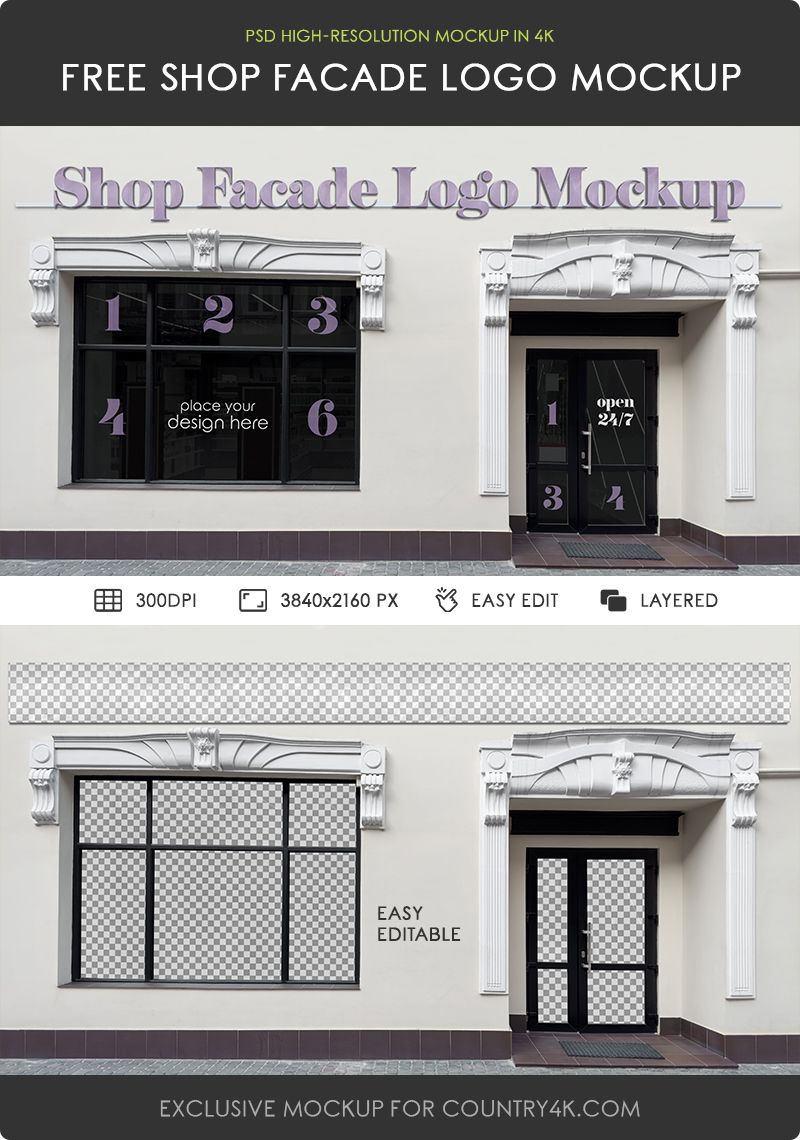 Preview mockup 2 shop facade logo free mockup psd