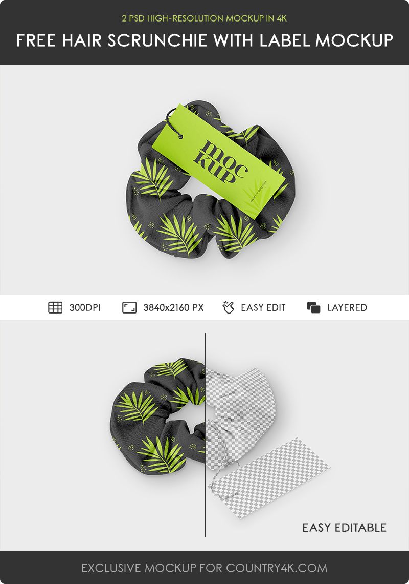 Preview mockup 2 hair scrunchie with label 2 free mockups psd