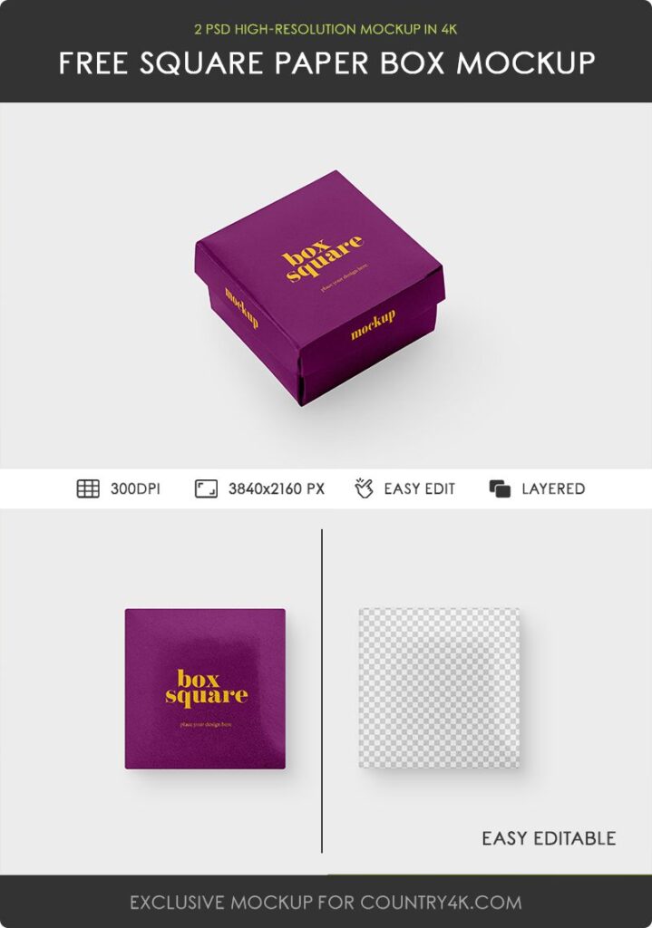 Free Square Paper Box Mockup PSD Country4k