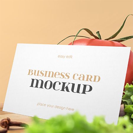 Free Food Business Card on Wooden Table Mockup