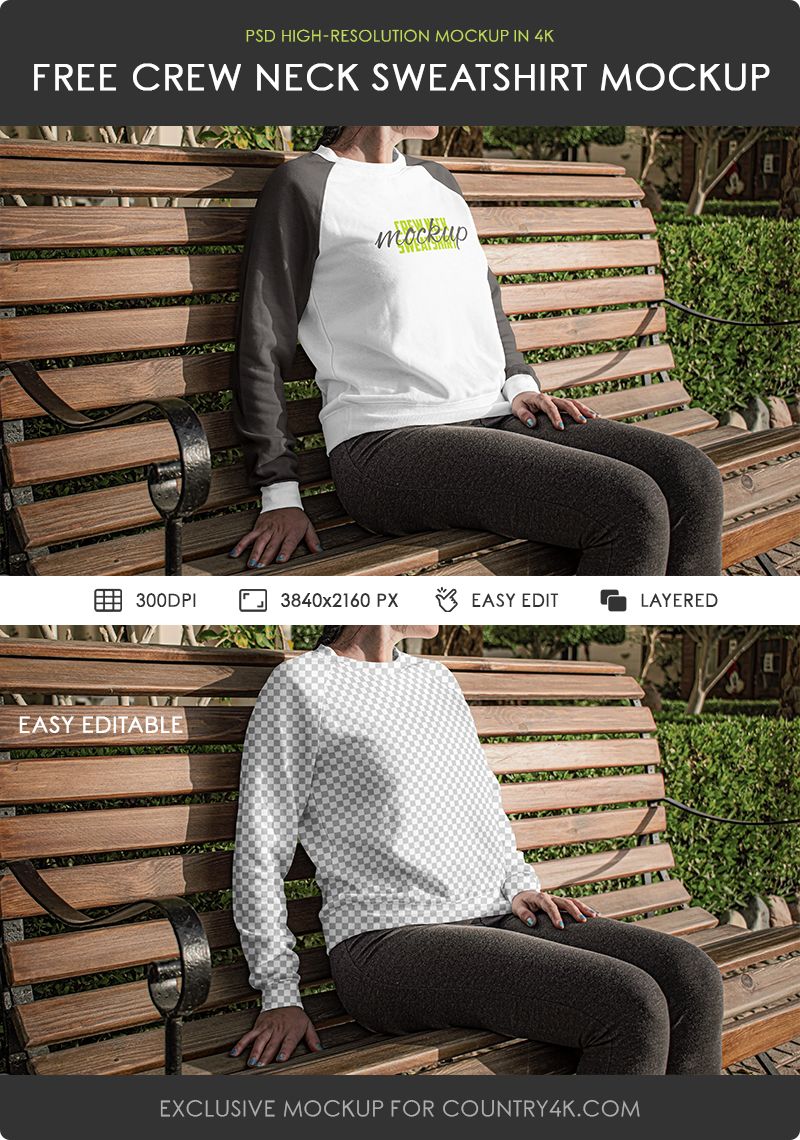 Preview mockup 2 free woman sitting on a bench wearing a crew neck sweatshirt mockup