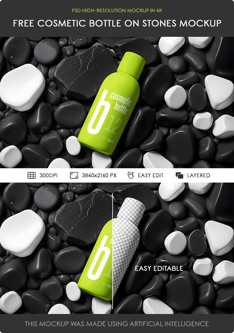 Preview mockup 2 free plastic cosmetic bottle on stones mockup