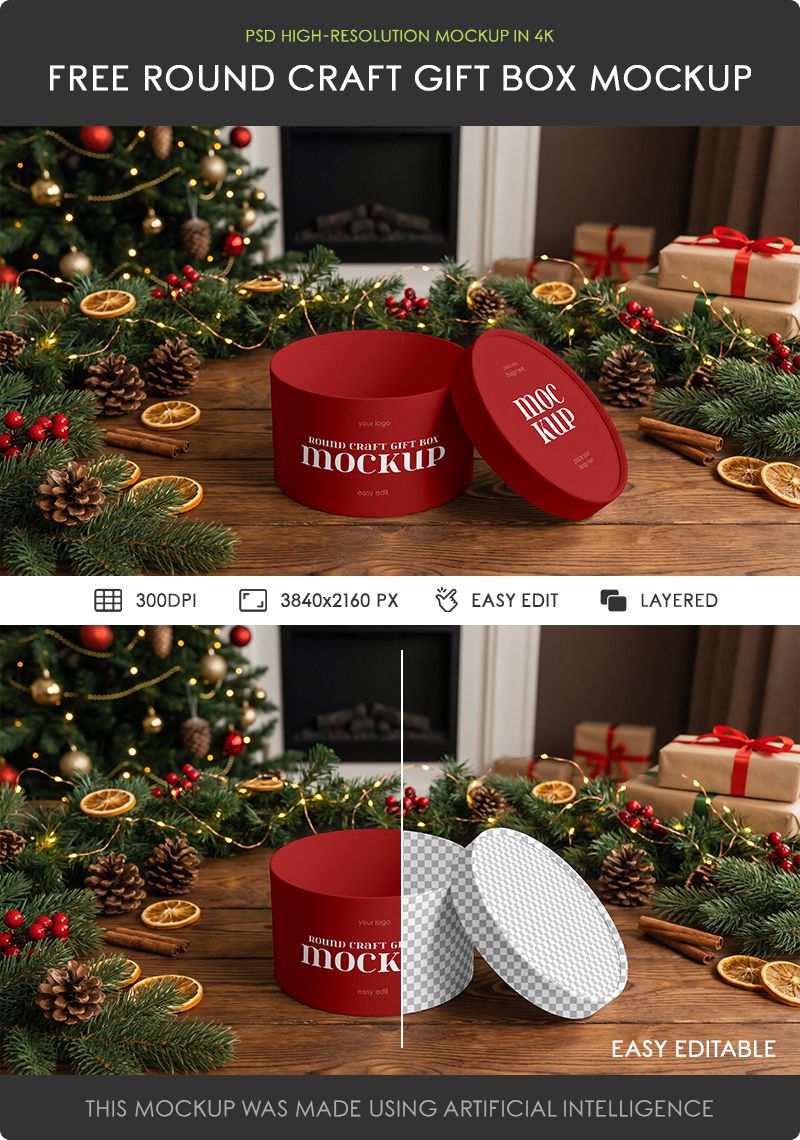 Preview mockup 2 free round craft gift box mockup