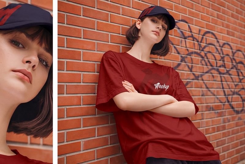 Preview 3 girl wearing oversized t shirt and baseball cap mockup set