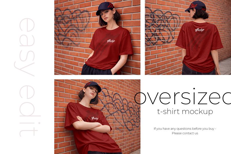 Preview 4 girl wearing oversized t shirt and baseball cap mockup set
