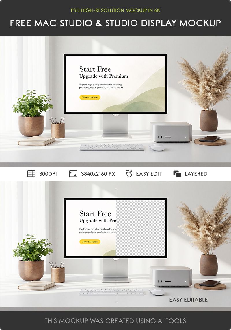 Preview mockup 2 free mac studio and studio display mockup