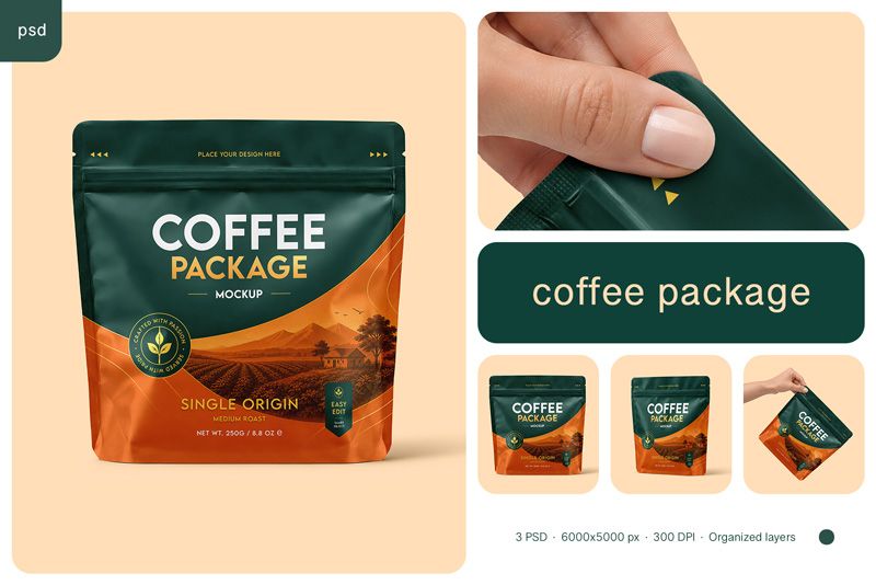 Coffee Package Mockup Set with premium stand-up coffee pouch, green and orange packaging design, smart objects, and 3 PSD scenes.