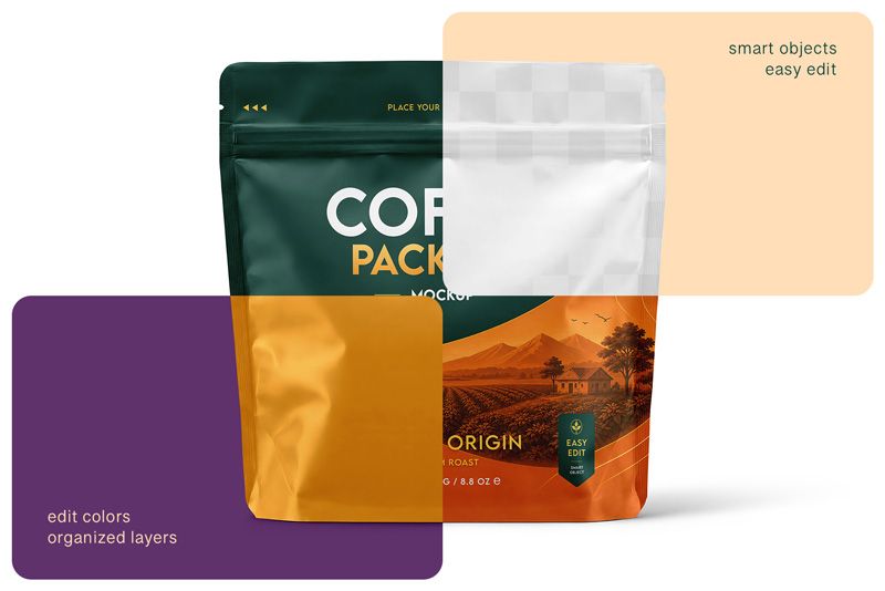 Coffee package mockup with smart objects, editable colors, organized layers, and stand-up pouch design presentation.