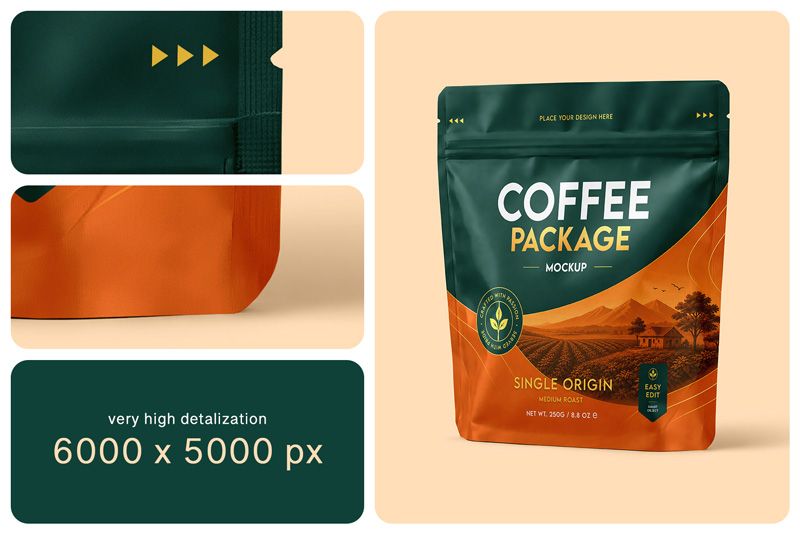 Close-up coffee pouch mockup showing zipper detail, matte texture, soft folds, and high-resolution packaging artwork.