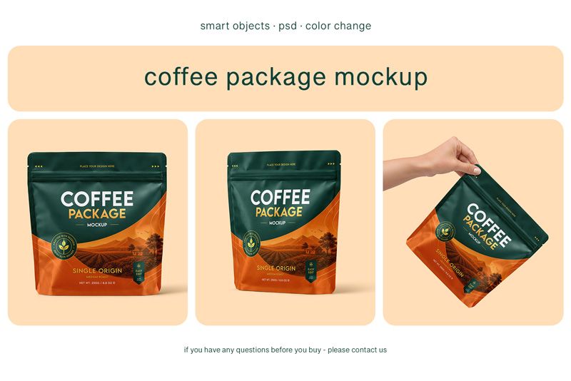 Coffee pouch mockup PSD with editable front panel for logo, roast type, origin details, and premium coffee branding.