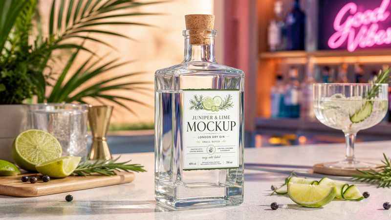 Free gin bottle mockup PSD with clear glass bottle, botanical ingredients, lime slices, juniper berries, and premium bar scene.