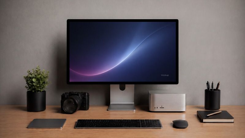 Free Mac Studio mockup PSD with large desktop screen in a clean creative workspace for website and UI design presentation.