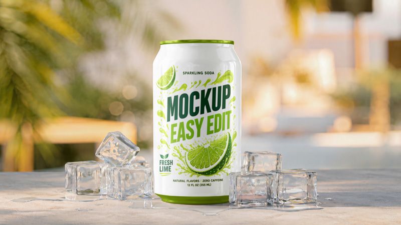 Free soda can mockup PSD with white sparkling lime drink can, ice cubes, water drops, and sunny tropical background.