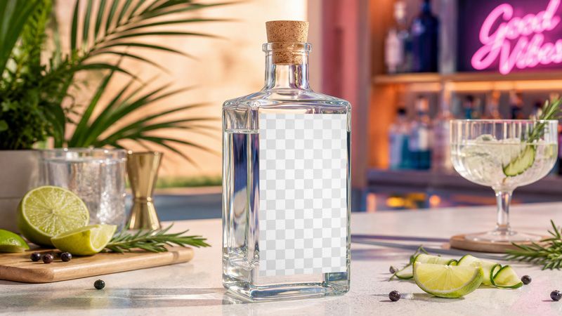 Gin bottle label mockup with editable front label area for craft distillery branding and premium spirit packaging.
