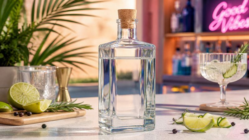 Realistic gin bottle mockup in a bright bar scene with cocktail glass, rosemary, lime, and botanical ingredients.