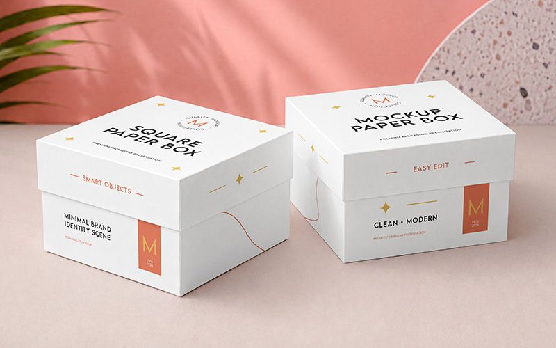 Free square paper boxes mockup PSD with two white packaging boxes in a soft pink studio scene for product branding.