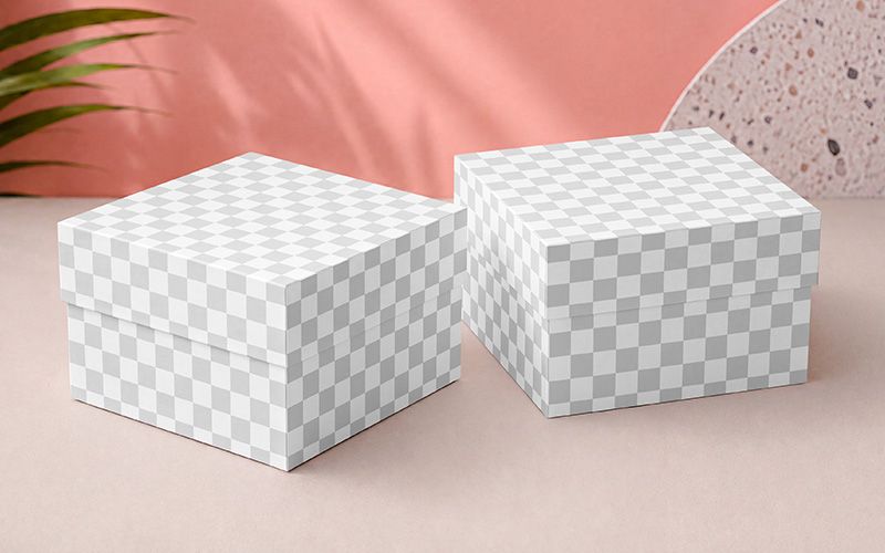 Square paper box mockup with editable lid area for logo, product name, brand mark, and minimal packaging design.