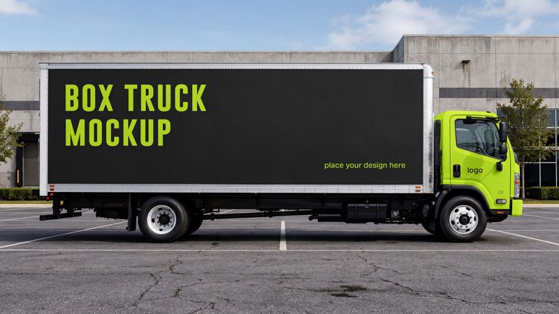 Free box truck mockup PSD with white commercial delivery truck in a warehouse parking lot for vehicle branding.