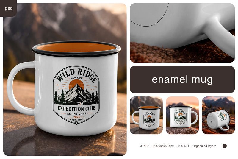 Enamel mug mockup on car hood with mountain view, warm light, and editable front logo area for outdoor branding.