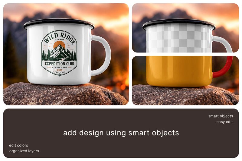 Camping enamel mug mockup on rock near campfire with mountain sunset background for travel merch and adventure branding.