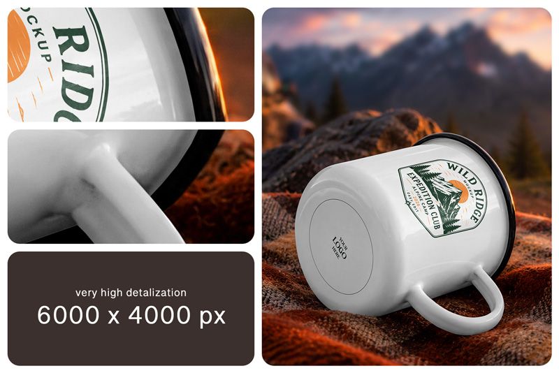 Lying enamel mug mockup on blanket with editable bottom logo area, handle detail, and outdoor camping scene.