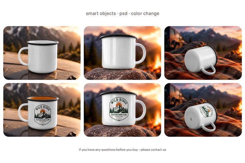 Enamel metal mug mockup set with white camping mug, black rim, mountain background, outdoor scenes, and editable PSD design.