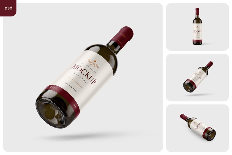 Dark glass wine bottle mockup set with front, floating and lying views.