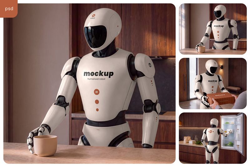 Humanoid Robot Mockup Set with three editable PSD scenes for robotics and AI branding