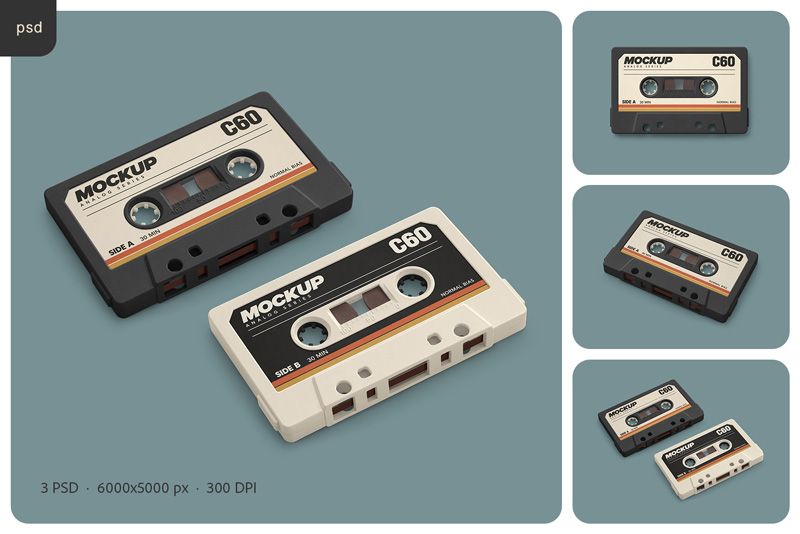 Vintage Cassette Tape Mockup Set with black and white cassette designs in three PSD scenes