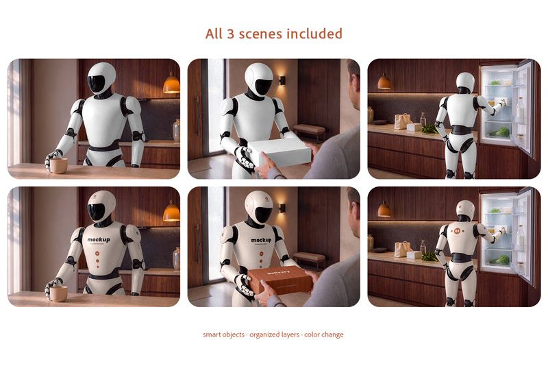Three humanoid robot mockup PSD scenes before and after applying custom branding
