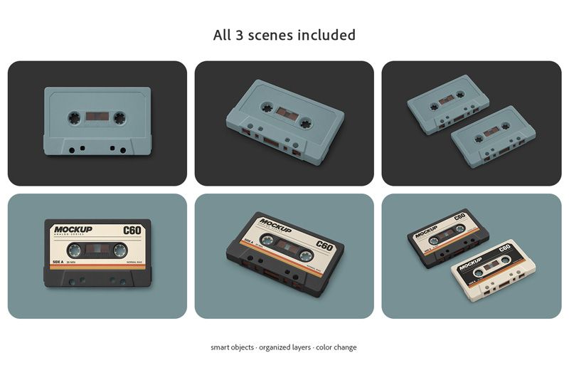 Three cassette tape mockup scenes with front view, angled view and double cassette composition