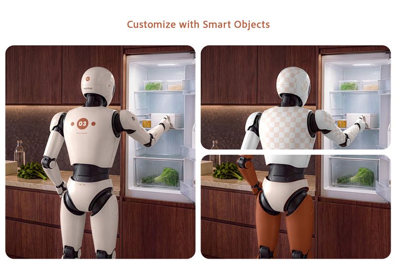 Editable humanoid robot PSD mockup with seven Smart Object areas and customizable robot color