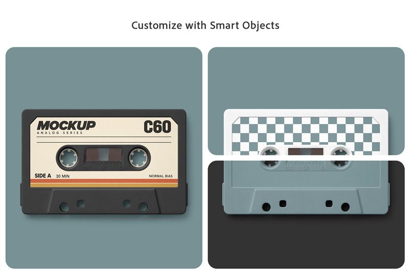 Editable vintage cassette tape mockup with Smart Objects and customizable cassette colors