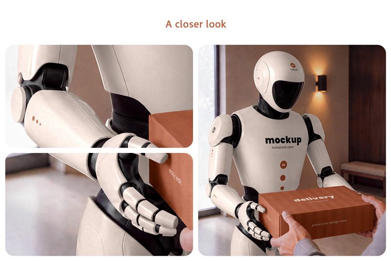Close-up humanoid robot mockup showing realistic hand, arm, panel and package details