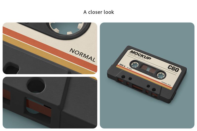 Close-up vintage cassette tape mockup showing realistic plastic texture, label details and angled view