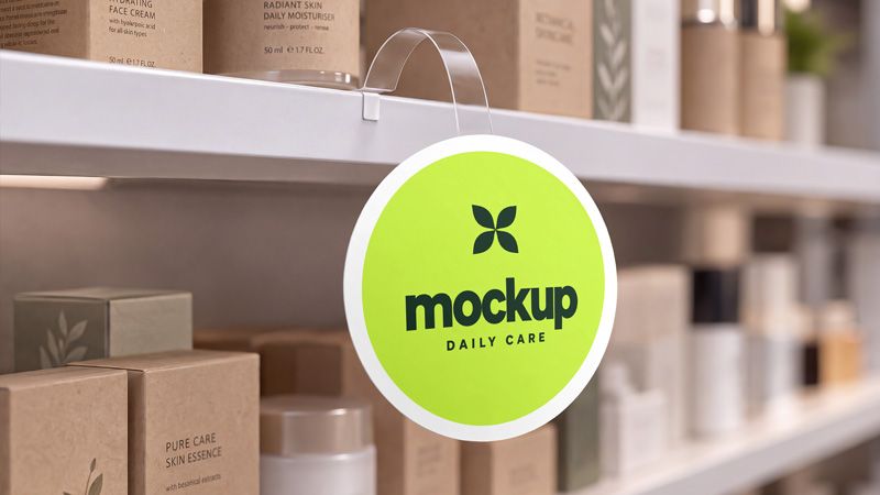 Round wobbler mockup with a lime green design on a cosmetics shelf