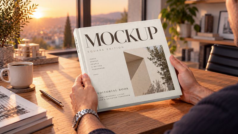 Square book mockup held in hands at a wooden desk in warm sunset light