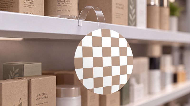 Checkered artwork on a circular shelf sign showing the design replacement area