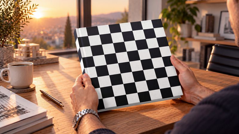 Checkered artwork showing the cover and spine design areas of a hardcover book