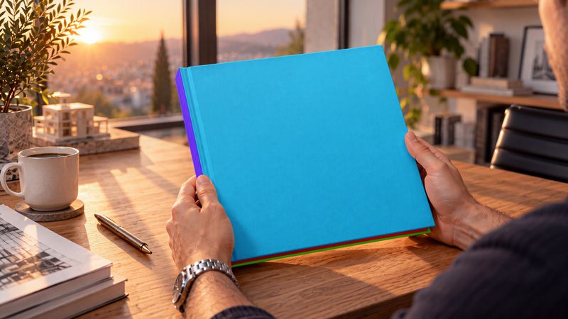 Hardcover book with a blue cover, purple spine and contrasting lower edges held in hands