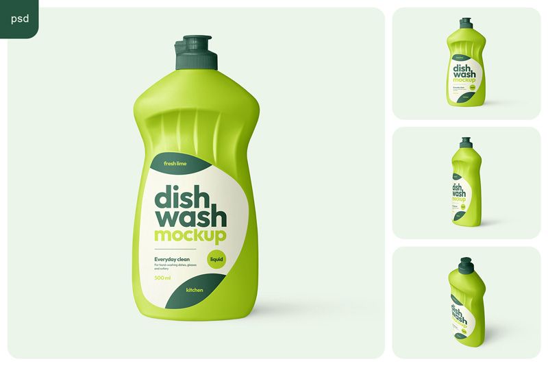 Dishwashing liquid bottle mockup set showing a lime bottle with a dark green cap and cream label in front and three-quarter studio views.