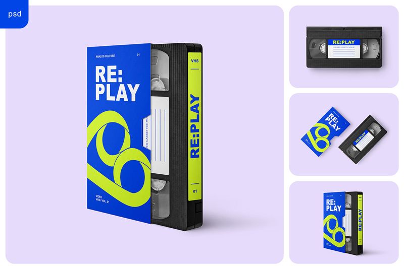VHS video cassette mockup set with blue and lime RE:PLAY sleeve and labels in three scenes on a pale lavender background.
