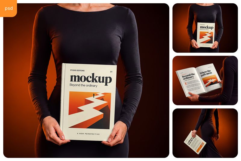 Woman in a black dress holding an A4 hardcover book in front-cover, open-spread and back-cover mockup scenes with warm orange studio lighting.