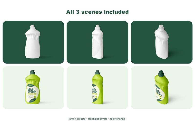 Three dish soap bottle mockup scenes with white packaging on dark green backgrounds and lime branded bottles on pale mint backgrounds.
