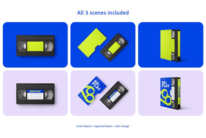 Three VHS cassette mockup scenes showing a tape, a separate cardboard sleeve and an upright sleeve composition with plain and branded artwork.